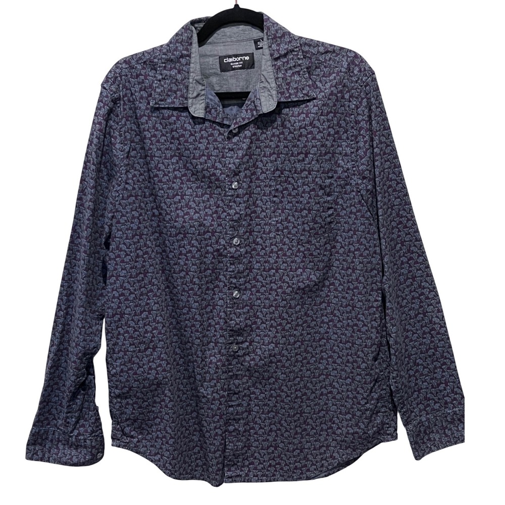 Mens Classic Fit Stretch Long Sleeve Button Down Shirt Elephant Print Large